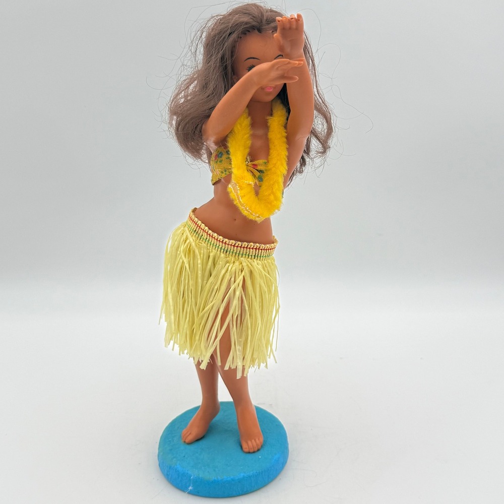 Vintage Hula Girl Dashboard Doll 12 Inch Hawaiian Dancer Tiki Decor Blue Base